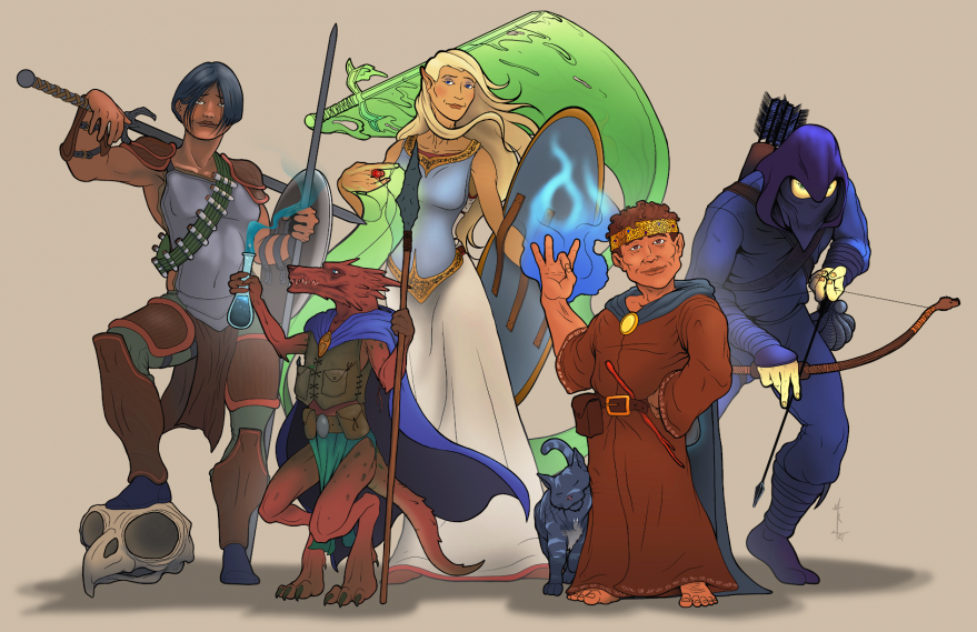 A collection of fantasy based character portraits including a human, a kobold, an elf, a halfling (with his cat), and a half elf.