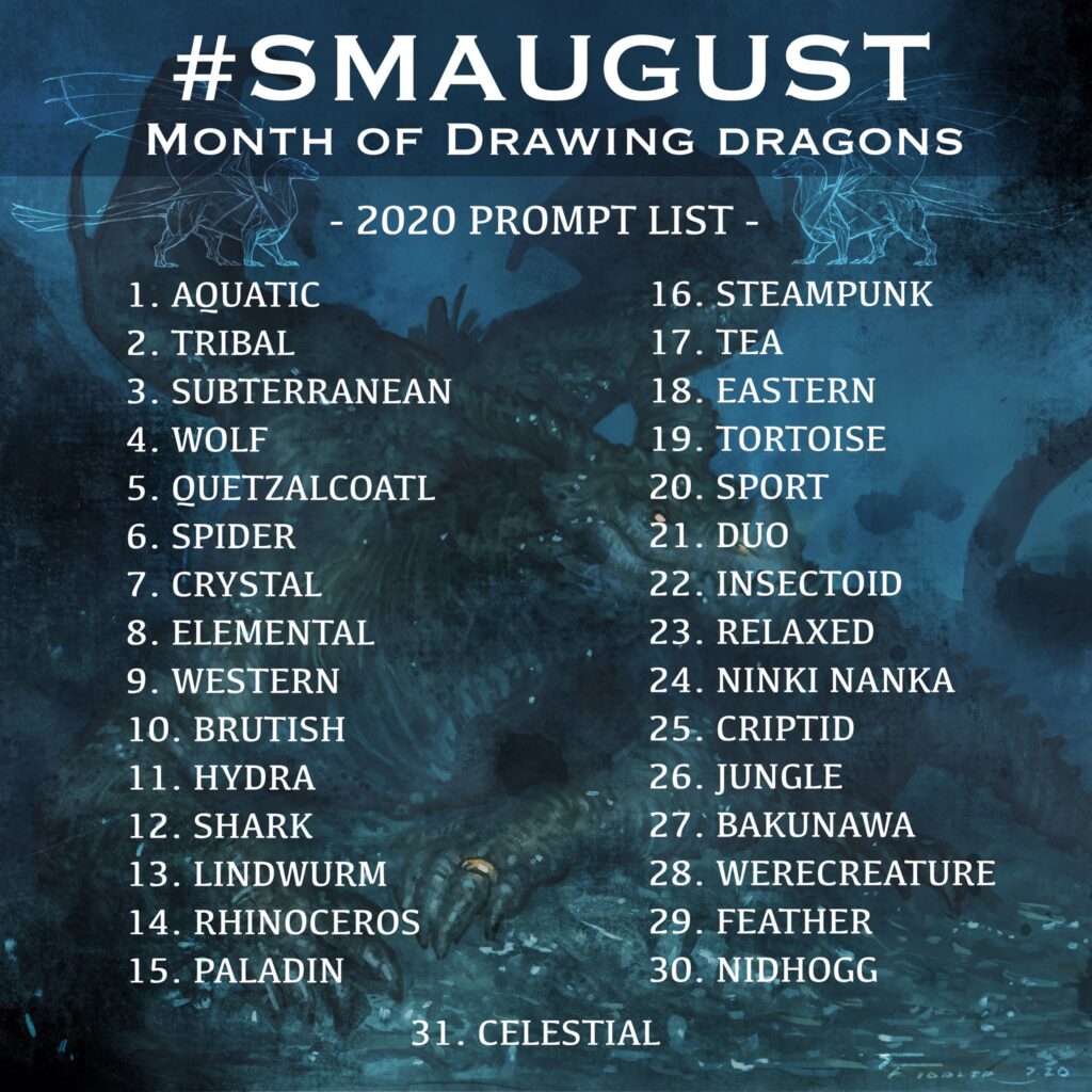 Smaugust Prompt List from @tfiddlerart on Twitter