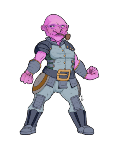 Khainan Mudbelt - hill dwarf fighter - character portrait in color. Pink skin, bald, and standing ready to fight.