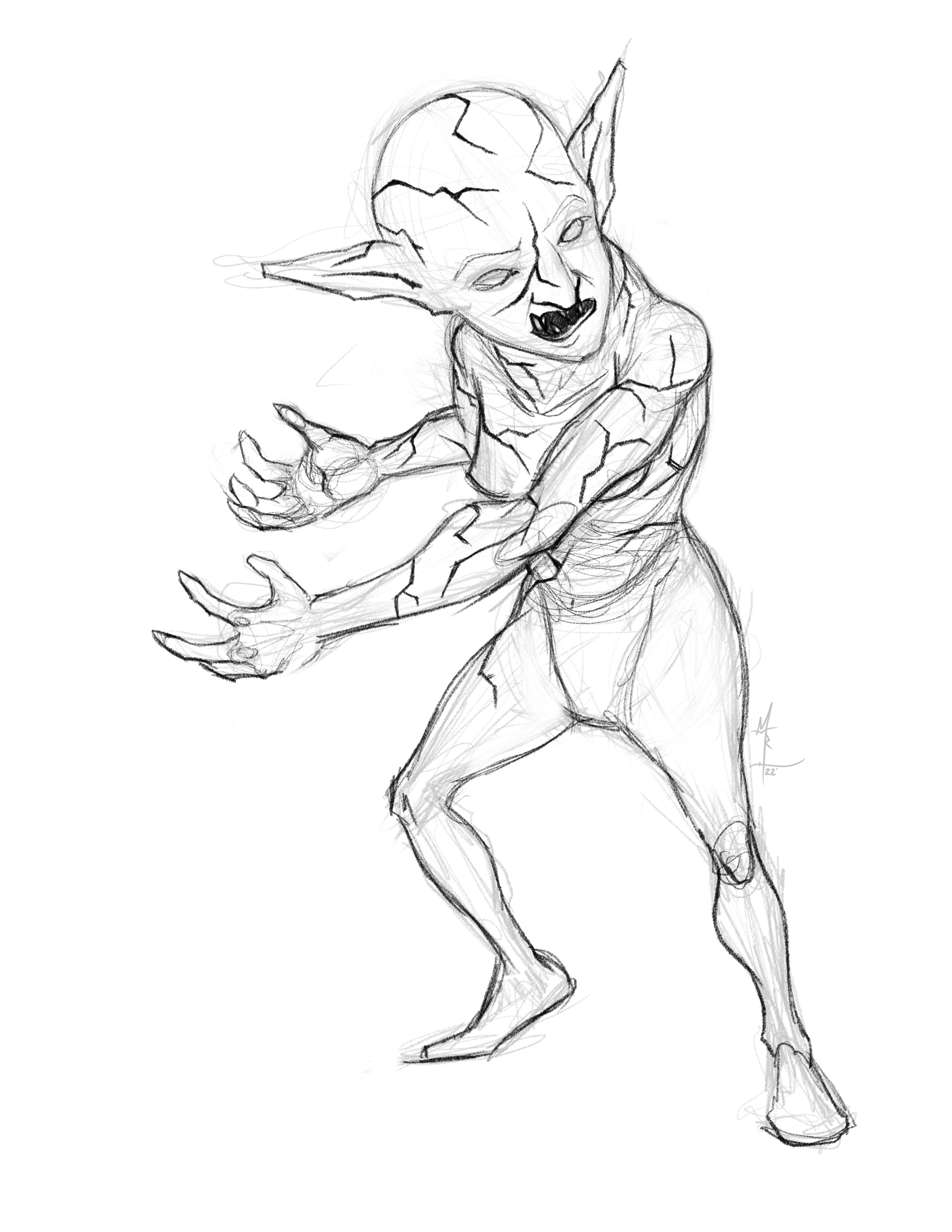 A sketch of a goblin with what appear to be cracks on the surface of its skin. The rough concept for the forthcoming ‘magma goblin’ which will be released on my Patreon Page.