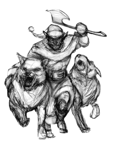 A Santa themed orc and his two dire wolf friends.