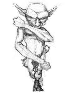 Sketch for the Gust Goblin - a goblin with its arms crossed in front of itself as though it where spinning.