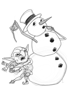 A goblin hides behind a snowman while he reloads for his snowball fight.