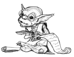 The Goblin’s Notebook character sketch. A bespectacled little goblin studiously writing with a quill on a long scroll.