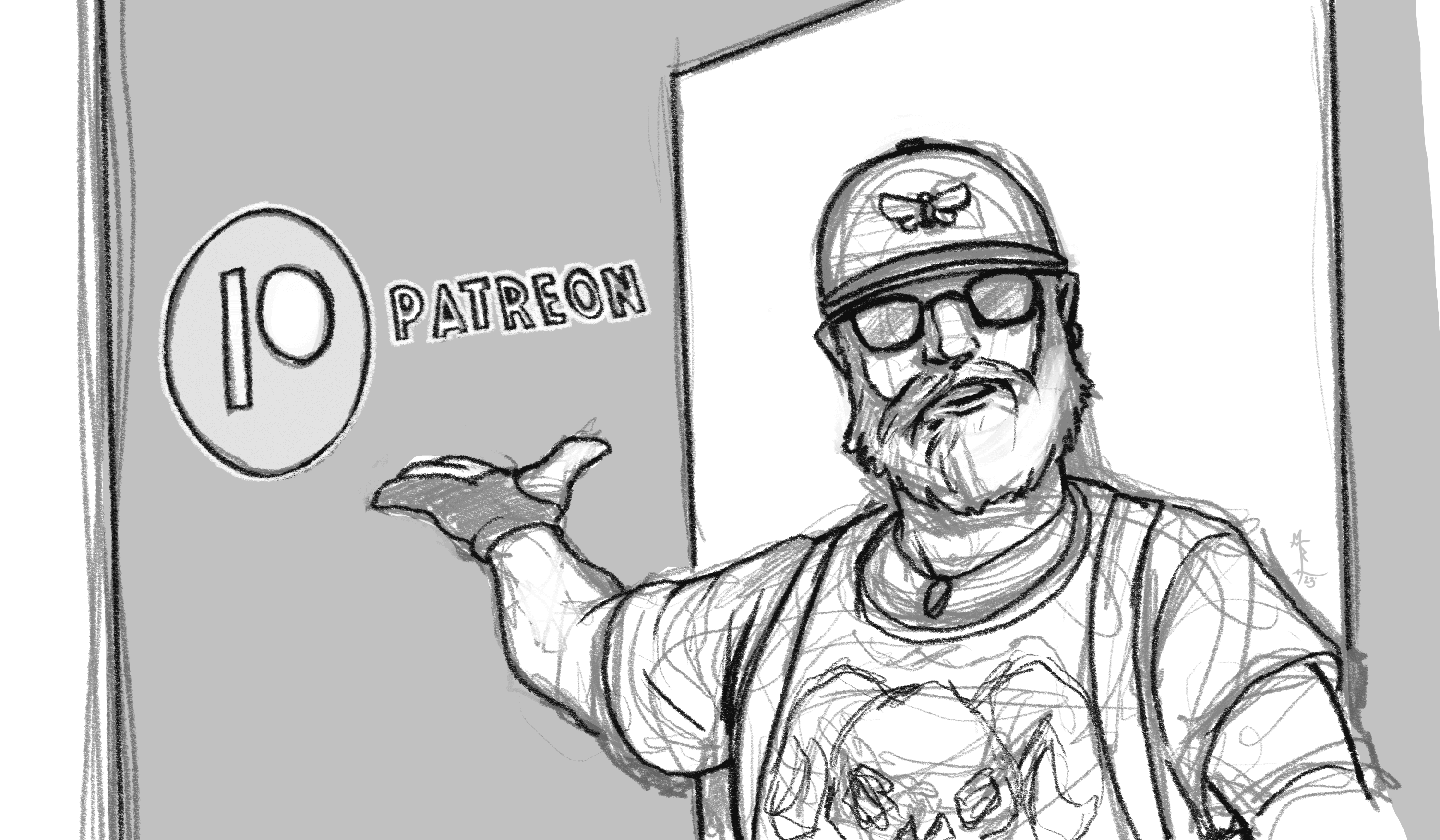A rough sketch of the artist welcoming you to view some of their patreon artwork for free.