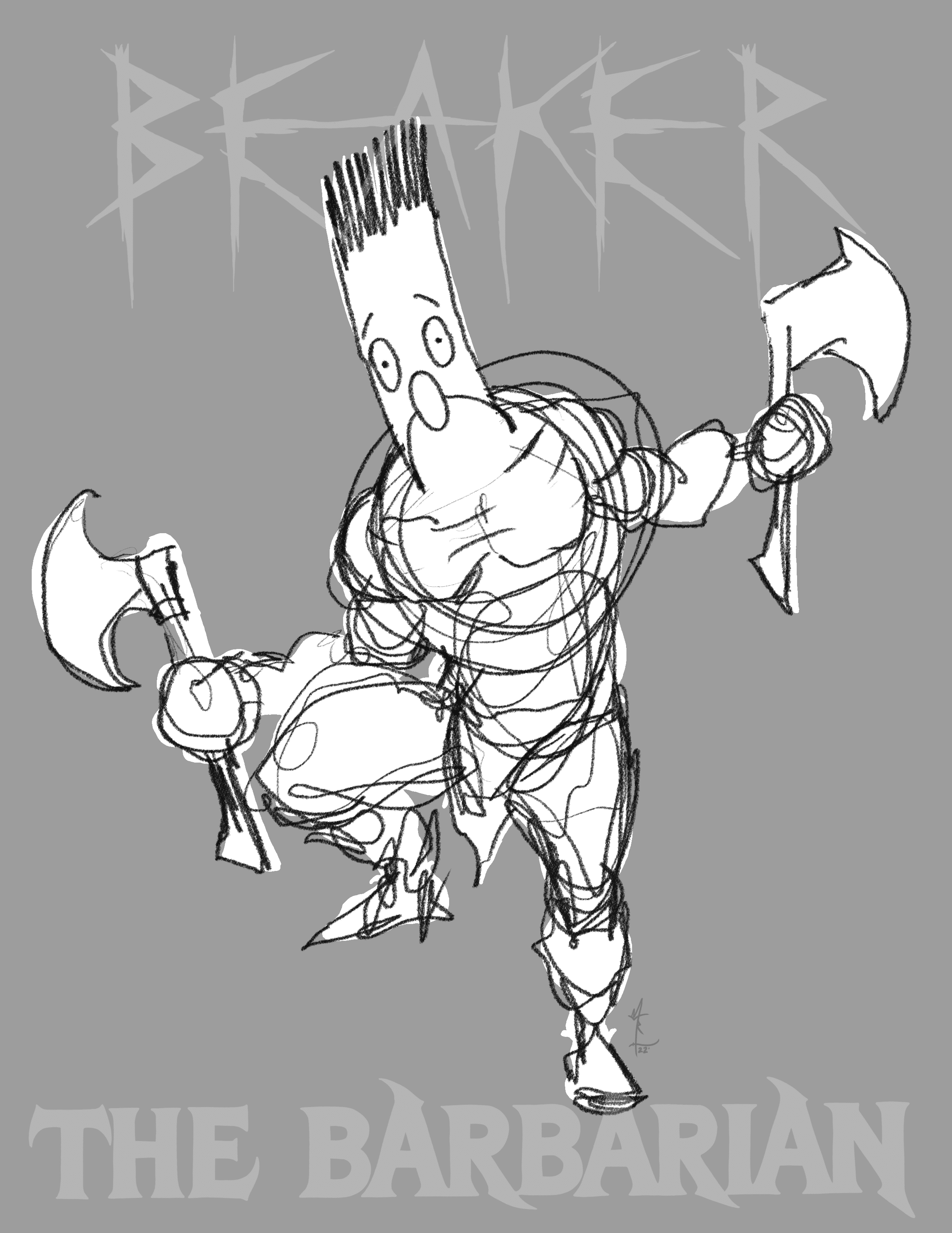 A sketch of Beaker the Barbarian. This is Beaker of the Muppets with Arnold Schwarzenegger’s physique.