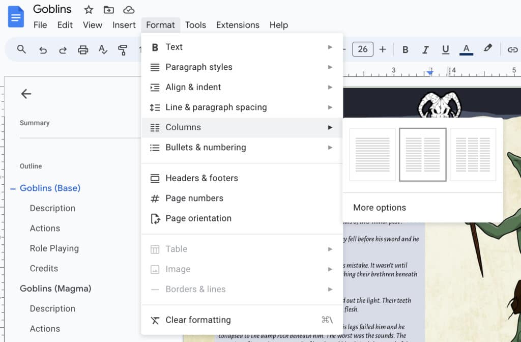 A screenshot showing where to find the formatting options for splitting your content into columns in Google Docs.