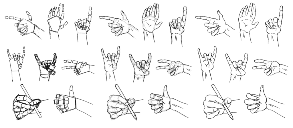 A collection of hand illustrations in process from simple shapes through the line illustration.