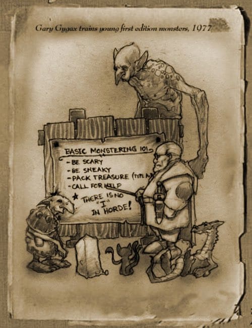 Gary Gygax teaches young monsters how to monster. Art by Richard Whitters.